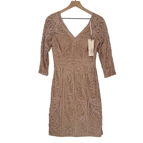 NEW Sue Wong Embroidered Mesh Cocktail Mini Dress Beige Women's Size 4 - Picture 1 of 7
